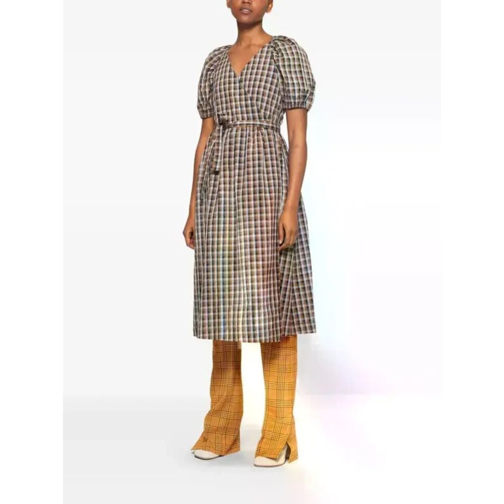Baum und Pferdgarten Brown Gingham Puff Sleeve Wrap Midi Dress Size 36